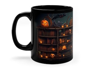Witches Bookshelf Halloween Mug: Spooky Jackolantern Coffee Mug