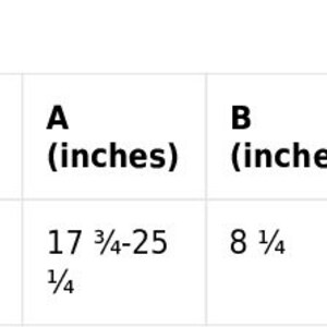 May include: Size guide for a product with measurements in inches. The measurements are labeled A, B, C, and D. One size is 17 3/4 to 25 1/4 inches for A, 8 1/4 inches for B, 2 3/4 inches for C, and 7 1/2 inches for D.
