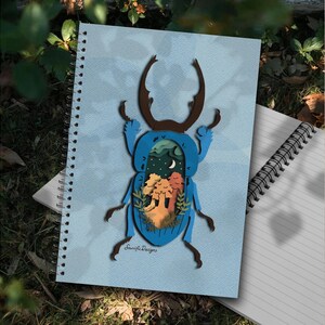 Cuaderno espiral con diseño de escarabajo ciervo, diario botánico gótico sobre la naturaleza, diario de insectos, agenda de estilo cottagecore oscuro, papelería artística, cuaderno de insectos.
