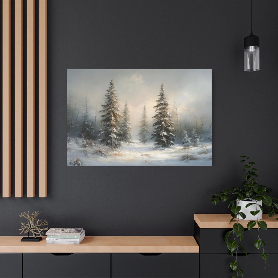 Winter Pine Tree Forest Landscape Vintage Country Wall Art Canvas ...