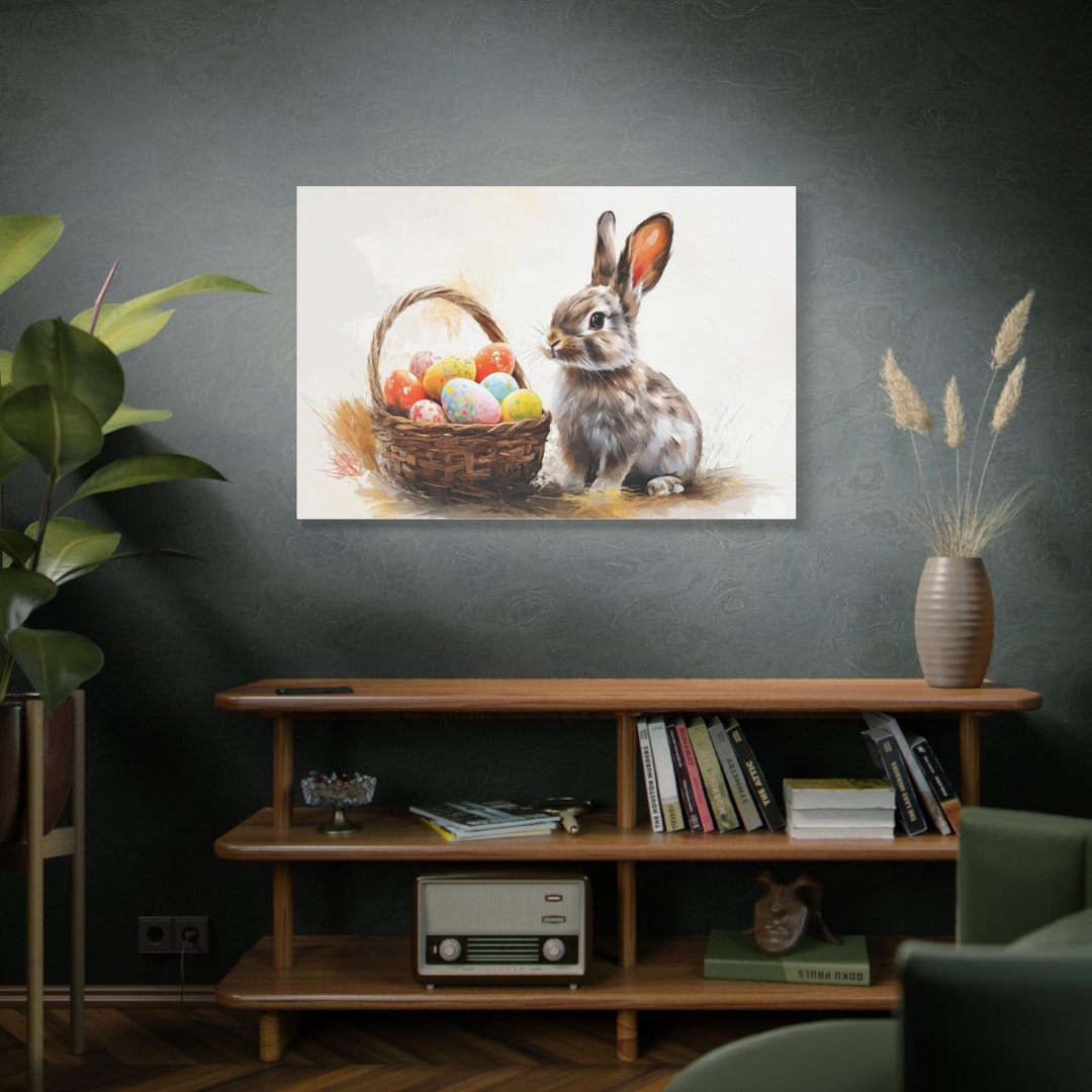Vintage Easter Bunny With Easter Eggs Canvas Painting - Spring Rabbit ...