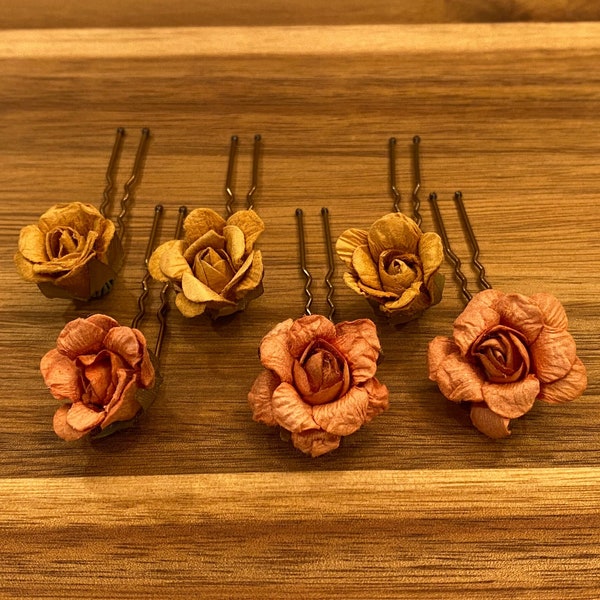 Rust Orange and Mustard Yellow Flower Hair Pins, Boho Bridal Hair, Hair Flowers, Fall Flower Hair Pins, Soft Gold Floral Pins, Set of 6