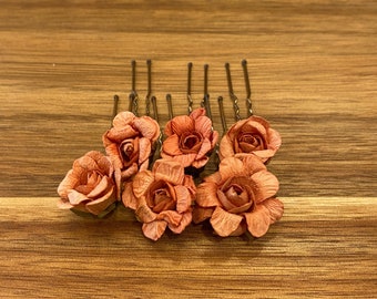 Rust Orange Flower Hair Pins, Boho Bridal Hair, Hair Flowers, Fall Flower Hair Pins, Paper Flower Bobby Pins, Terracotta Copper Flowers