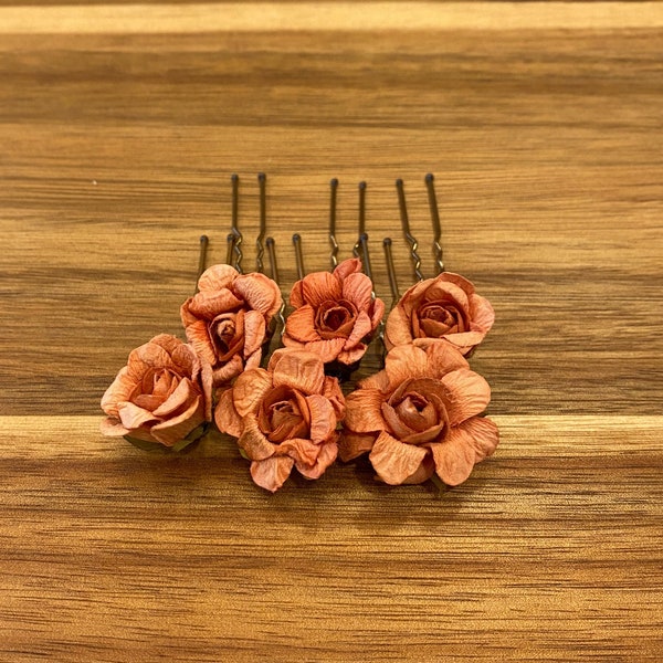 Rust Orange Flower Hair Pins, Boho Bridal Hair, Hair Flowers, Fall Flower Hair Pins, Paper Flower Bobby Pins, Terracotta Copper Flowers