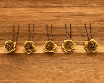 Gold Flower Hair Pins, Gold Rose Hair Pins, Hair Flowers, Boho Bridal Hair Pins, Gold Hair Accessories