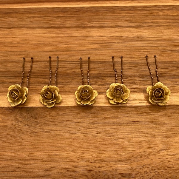 Gold Flower Hair Pins, Gold Rose Hair Pins, Hair Flowers, Boho Bridal Hair Pins, Gold Hair Accessories