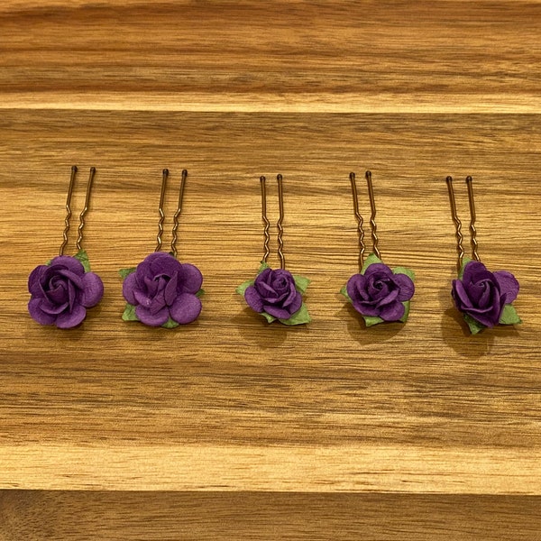 Small Purple Flower Hair Pins, Purple Rose Hair Pins, Paper Flower Bobby Pins, Wedding Floral Hair Pins, Plum Floral Hair Pins, Set of 5