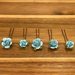 Light Blue Flower Hair Pins, Pastel Blue Rose Hair Pins, Paper Flower Bobby Pins, Wedding Floral Hair Pins, Small Set of 5
