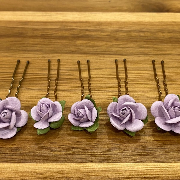 Purple Flower Hair Pins, Light Purple Rose Hair Pins, Paper Flower Bobby Pins, Wedding Floral Hair Pins, Set of 5