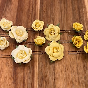 Yellow Flower Hair Pin Set, Paper Flower Bobby Pin Set, Yellow Rose Hair Flowers, Set of 4