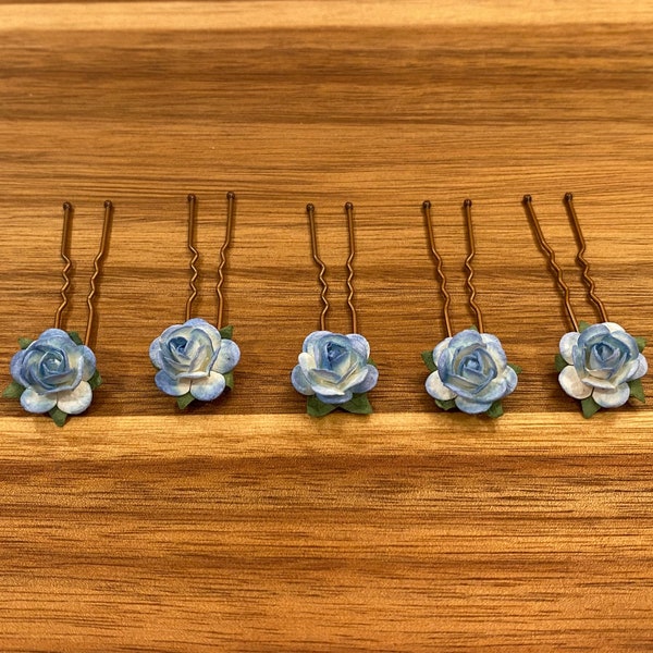 Flower Hair Pins, Light Blue and White Rose Hair Pins, Paper Flower Bobby Pins, Wedding Floral Hair Pins, Set of 5