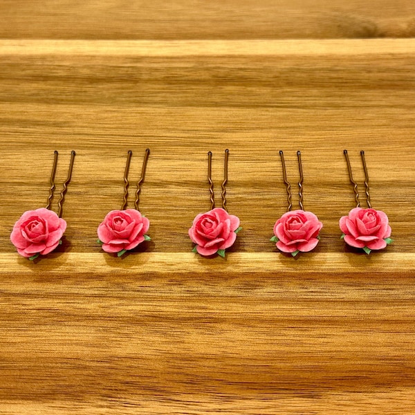 Pink Rose Hair Pins, Barbie Pink Hair Pins, Paper Flower Bobby Pins, Hot Pink, Wedding Floral Hair Pins