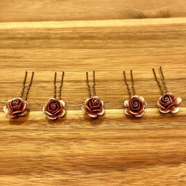 Rose Gold Flower Hair Pins, Rosegold Rose Hair Pins, Hair Flowers, Boho Bridal Hairpins, Rose Gold Hair Accessories