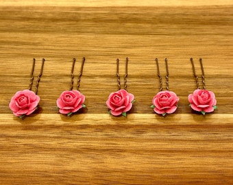 Pink Rose Hair Pins, Barbie Pink Hair Pins, Paper Flower Bobby Pins, Hot Pink, Wedding Floral Hair Pins