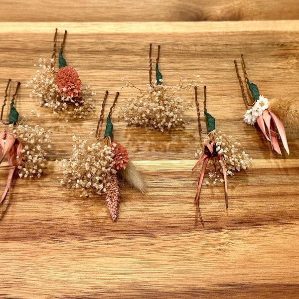 Pink and Ivory Dried Flower Hair Pins, Natural Dried Flower Pins, Pink and Cream Hair Pins, Boho Hair Flowers, Dried Baby’s Breath, Set of 6