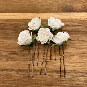 Bridal Hair Pins, Flower Hair Pins, White Paper Rose Bobby Pins, Hair Flowers, White Floral Hair Pins, Medium Flower Pins Set of 5