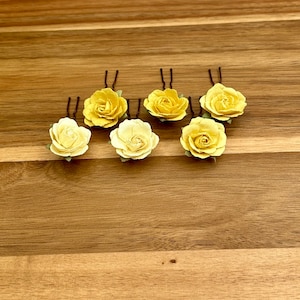 Bridal Hair Pins, Flower Hair Pins, Yellow Paper Rose Bobby Pins, Hair Flowers, Yellow Floral Hair Pins, Medium Flower Pins Set of 6