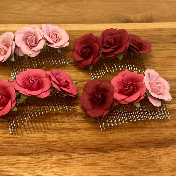 Rose Hair Comb, Pink and Burgundy Floral Hair Piece, Bridal Hair Comb, Pink Flower Hair Comb