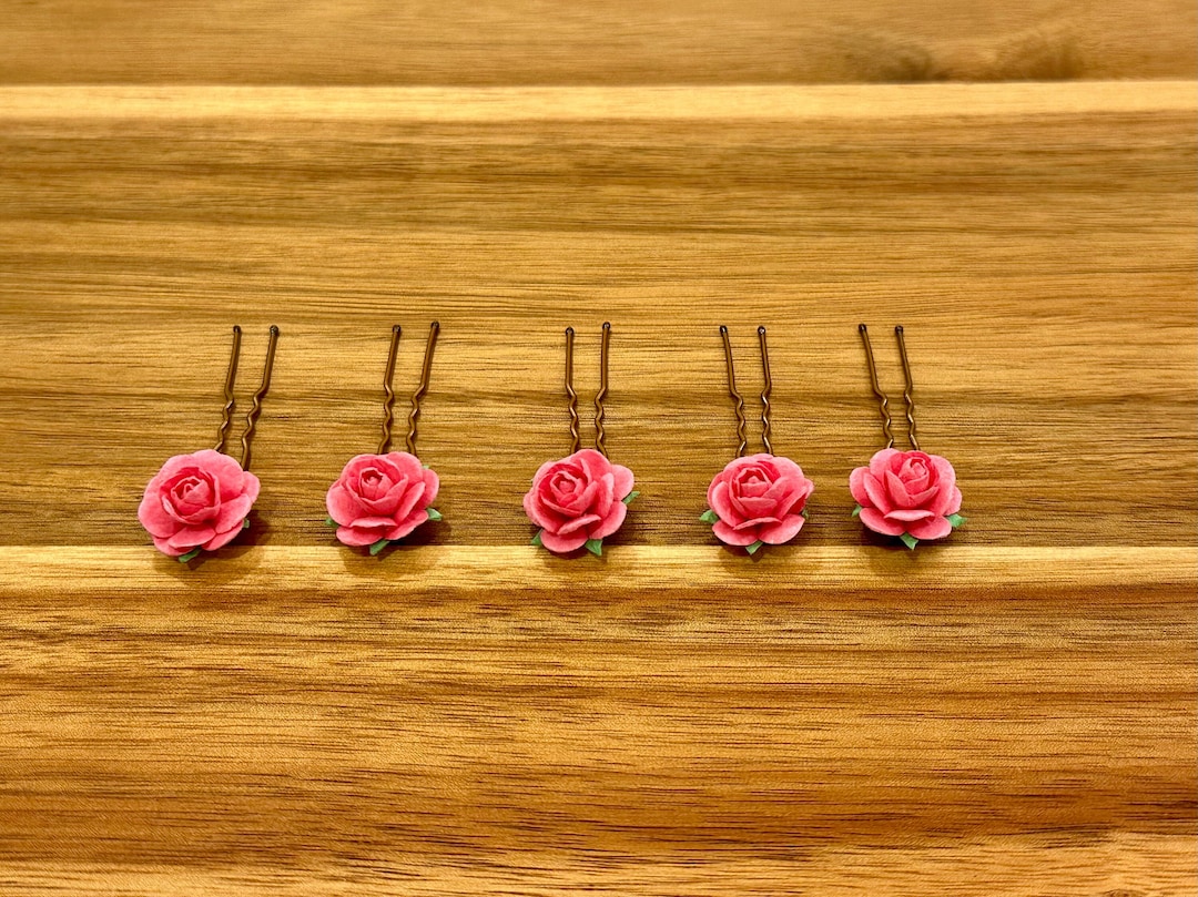 Pink Rose Hair Pins, Barbie Pink Hair Pins, Paper Flower Bobby Pins, Hot Pink, Wedding Floral