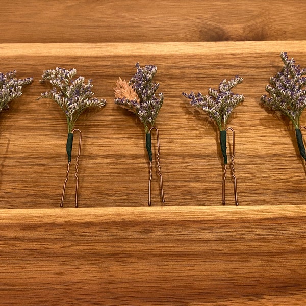 Dried Floral Hair Pins, Woodsy Wedding Hair, Dried Violet Flower Hair Pins, Boho, Purple Dried Flowers, Blush/Dusty Rose Accent, Set of 5