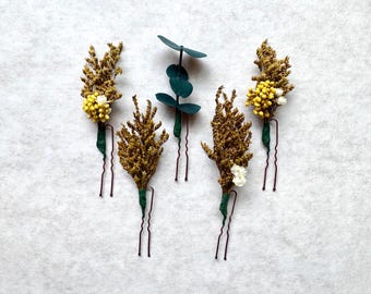 Yellow Dried Flower Hair Pins Set of 5, Boho Bridal Hair Accessories, Eucalyptus Wedding Hair Pins, Rustic Floral Bridesmaid Hair Piece