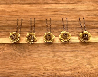 Hand Painted Gold Rose Hair Pins, Gold Bridal Hair Accessories, Gold Wedding Hair Pins, Floral Hair Pins