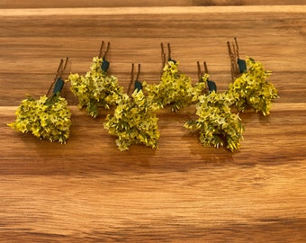 Dried Yellow Flower Hair Pins, Dried Floral Hair Pins, Yellow Flower Pins, Woodsy Wedding Hair, Set of 6