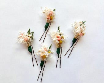 Boho Dried Flower Hair Pins – Bridal Hair Pins Set, Ivory & Peach Floral Bobby Pins, Rustic Wedding Hair Accessories, Bridesmaid Hair Pins