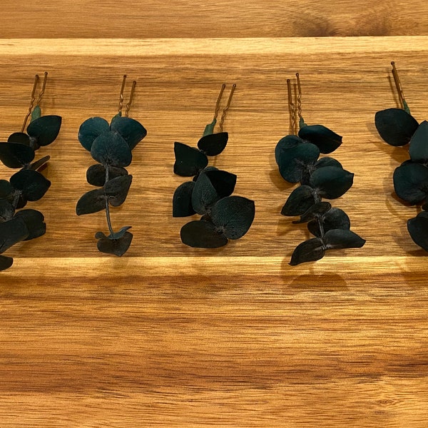 Emerald Green Hair Pins, Dark Teal Dried Eucalyptus Hairpiece, Natural Preserved Eucalyptus, Greenery Hair Accessories, Foliage Hair Pins