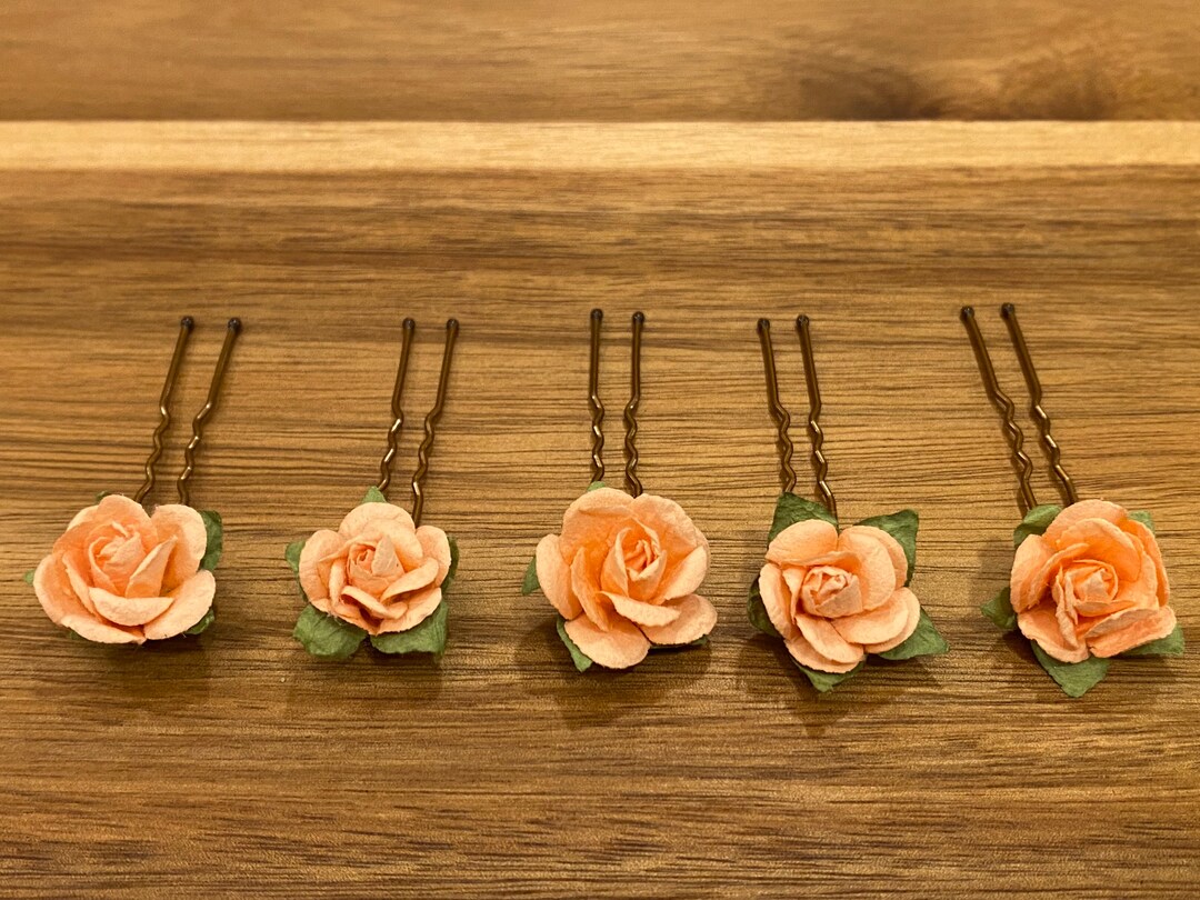 Flower Hair Pins Peach Rose Hair Pins Paper Flower Bobby Etsy