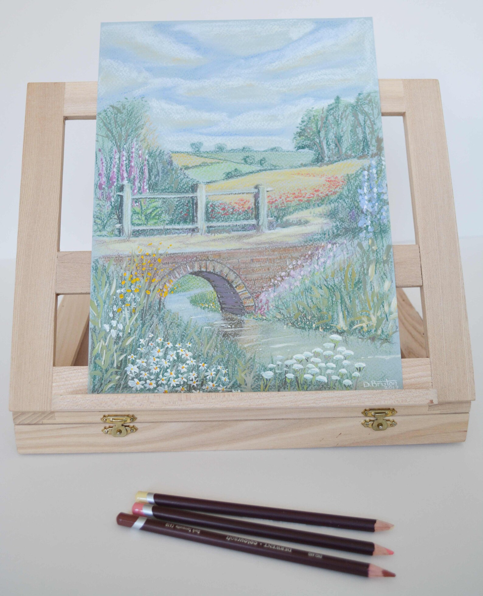 Original Mixed Media pastel & Gouache Painting of Bridge Over a Stream