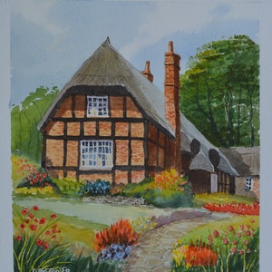 Original watercolour painting of a Quaint English Country Cottage