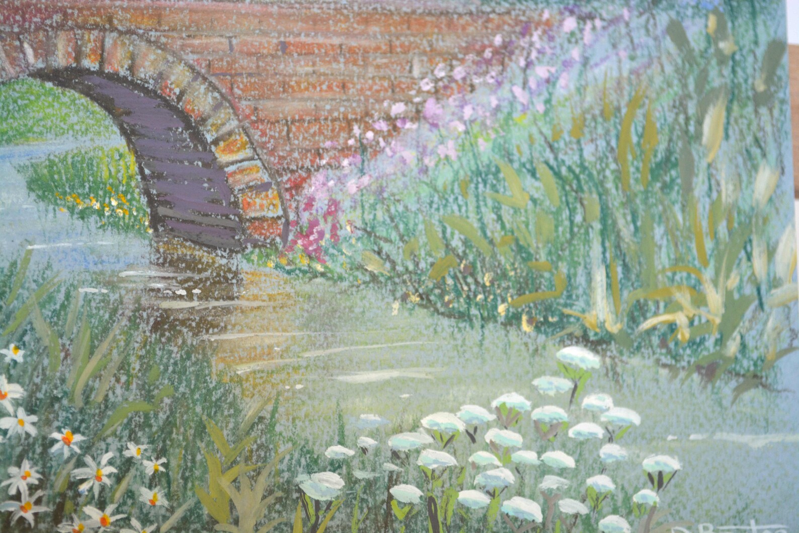 Original Mixed Media pastel & Gouache Painting of Bridge Over a Stream