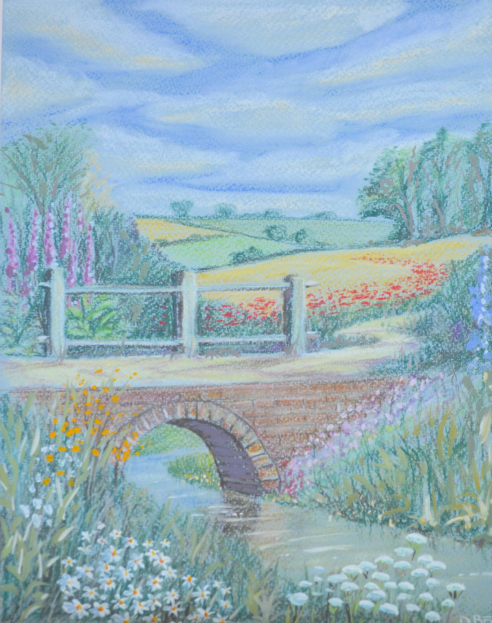 Original Mixed Media pastel & Gouache Painting of Bridge Over a Stream
