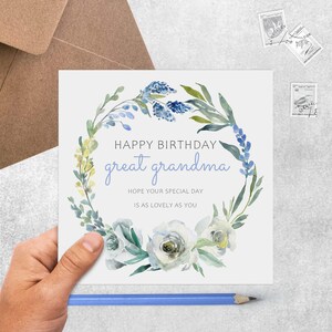 Great Grandma Birthday Card, Blue Floral Flowers