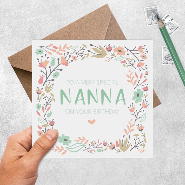 Nanna Birthday Card, Sage & Peach Flower Design