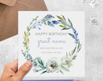 Great Nana Birthday Card, Blue Floral Flowers