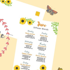 Könnte beinhalten: Druckbare Juni-Diffuser-Mischung-Postkarte mit einem Sonnenblumen-Design. Die Postkarte listet verschiedene ätherische Ölmischungen für jeden Tag der Woche auf, darunter "Early Sunrise", "Rainy Day", "Lemonade", "Focused", "Happy Friday", "Ocean Breeze" und "On the Beach".