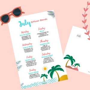 Schede di ricette stampabili di luglio per oli essenziali, cartoline estive per diffusore, ricette abbinate agli oli essenziali dei punti salienti di Instagram