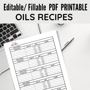 Puede incluir: Plantilla de receta de aceite imprimible con un diseño en blanco y negro. La hoja tiene secciones para el nombre de la mezcla, los aceites esenciales, las gotas, los tipos y los beneficios. El texto "Crazy Oil Mom" está en la parte inferior de la hoja.