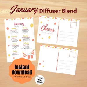 Könnte beinhalten: Druckbarer Januar-Diffuser-Mischkalender mit einer Postkarte, auf der "Prosit auf das neue Jahr" steht. Der Kalender listet ätherische Ölmischungen für jeden Tag des Monats auf, mit Namen wie "Silvester", "Glück", "Waldmischung" und "Feuer & Eis".