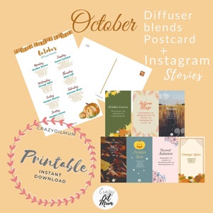 May include: Printable October diffuser blend recipe cards with autumnal colors and designs. The cards feature names like "October Breeze", "Sweet Autumn", "Orange Spice", "Mint Fall", "Autumn Blaze", "Pumpkin Spice", and "October Leaves".