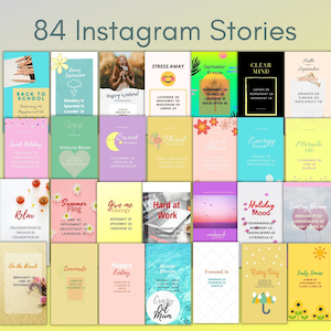 Könnte beinhalten: Eine Collage aus 84 Instagram-Story-Vorlagen mit bunten Hintergründen und Textüberlagerungen. Die Vorlagen zeigen verschiedene Themen, darunter Schulbeginn, süßer Urlaub, Sommerflirt, Entspannung, fröhlicher Freitag und mehr. Jede Vorlage enthält eine Liste mit ätherischen Ölen und deren entsprechenden Mengen.