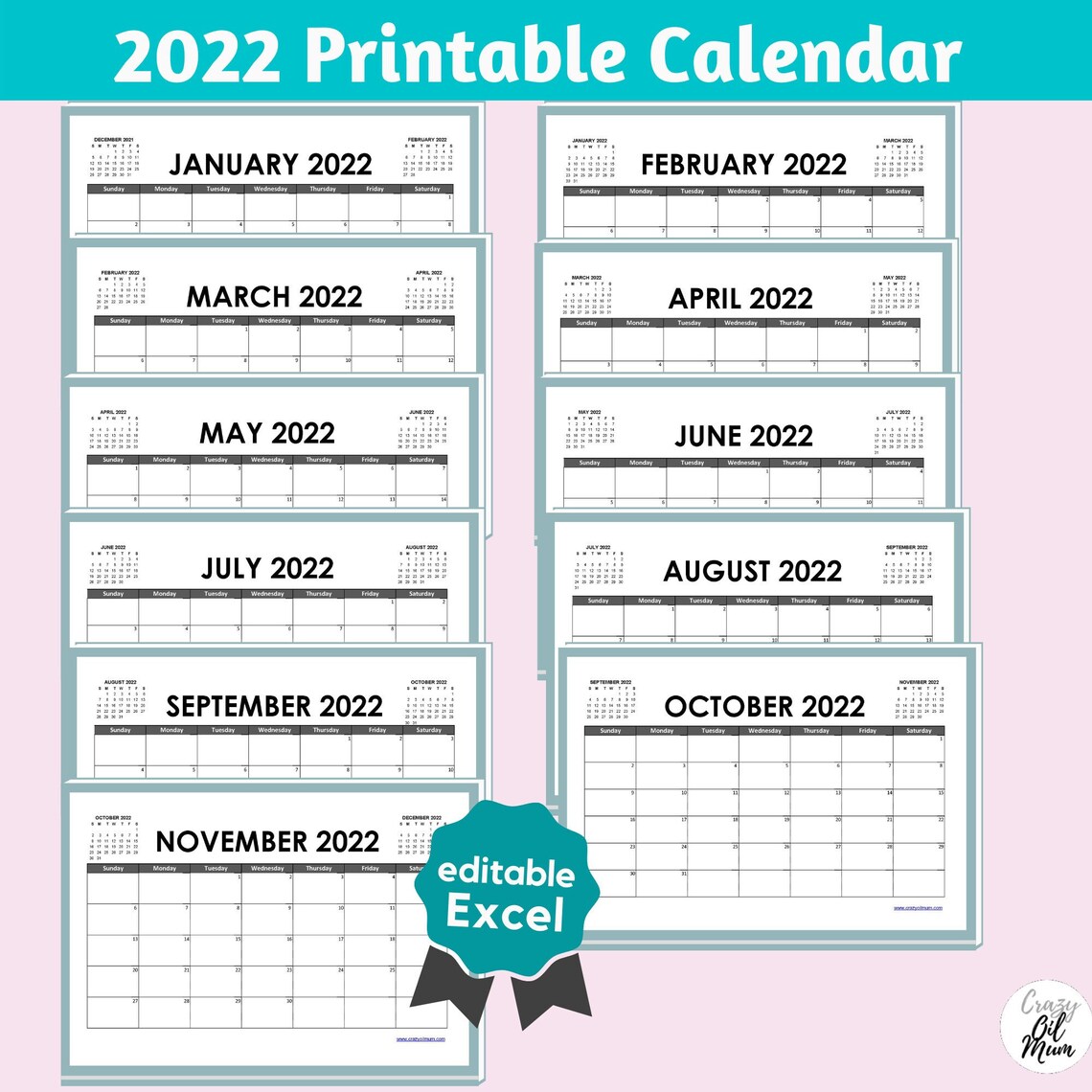 Editable 2022 Monthly Calendar