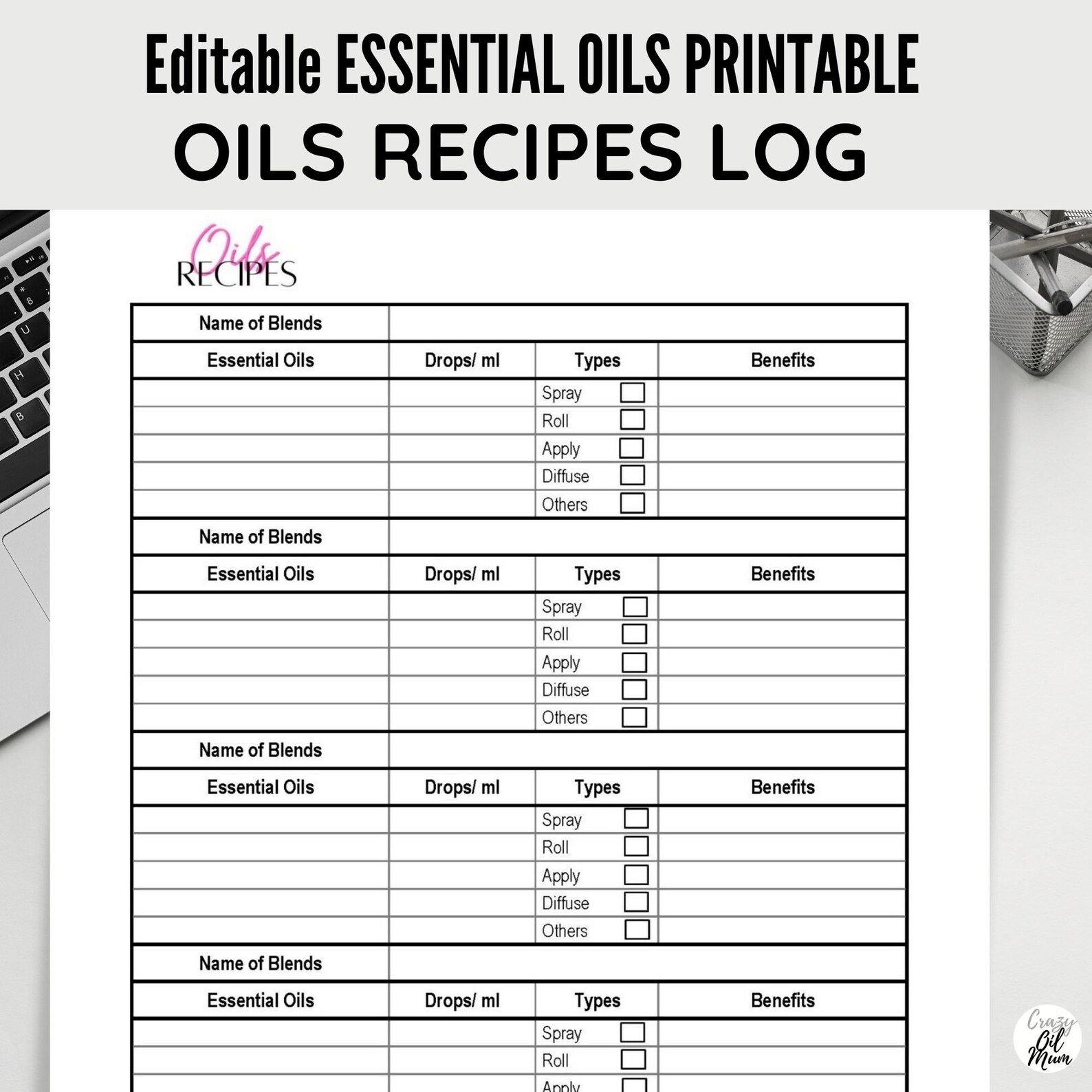 Oils Recipes Log, Essential Oil Notebook Printables, Bullet Journal. Fillable Editable PDF Etsy