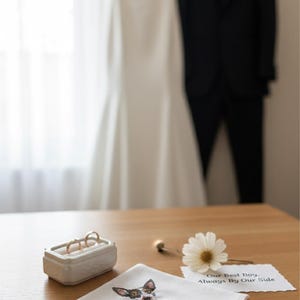 Wedding morning details: a white dress and a black groom's suit hang by the window, while a ring box, a daisy, a card and a white handkerchief embroidered with a dog portrait sit on the table.