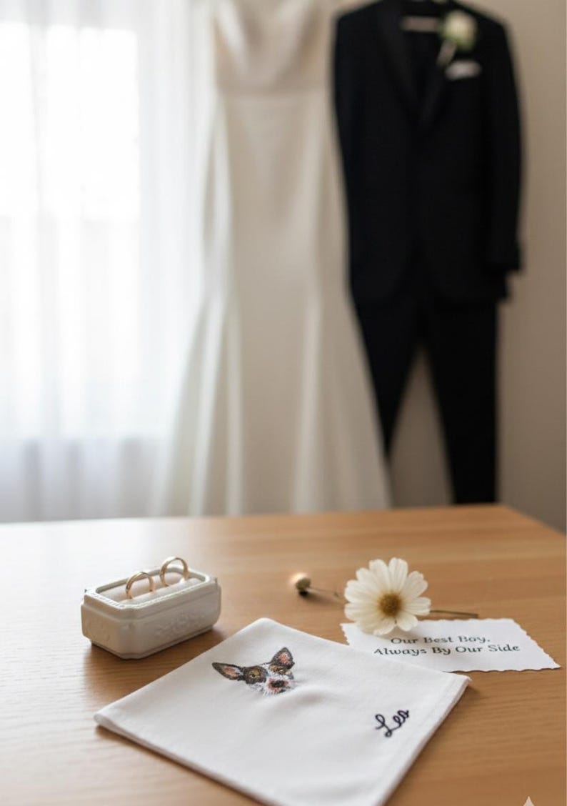 Wedding morning details: a white dress and a black groom's suit hang by the window, while a ring box, a daisy, a card and a white handkerchief embroidered with a dog portrait sit on the table.