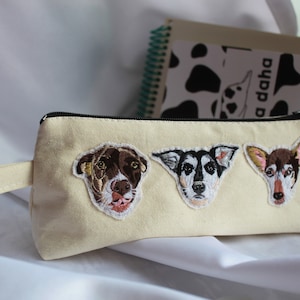 Trousse personnalisée portrait de chien avec broderie, trousse à maquillage avec nom, trousse personnalisée avec photo d'animal de compagnie, cadeaux de rentrée pour garçons filles