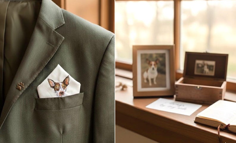Custom dog portrait pocket square in an olive green suit jacket, shown next to the framed photo of the same brown and white terrier it was embroidered from.