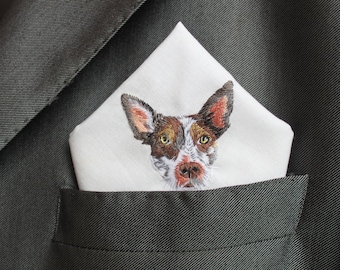 Mens Personalized Cotton Embroidered Pocket Square, Wedding Day Gift to Bride or Father of the Groom from your Dog,Pet Portrait Handkerchief